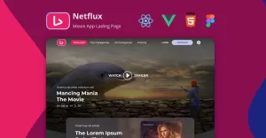 Netflux – aplikace pro streamování filmů React Vue HTML a šablona vstupní stránky Figma